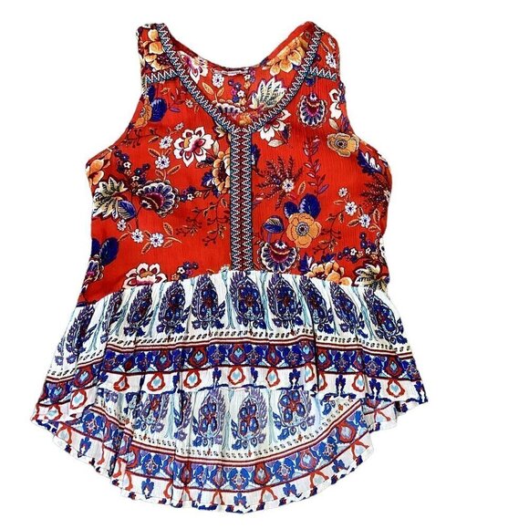 Patrons of Peace BOHO Sleeveless Ruffle Hem Peplum Mixed Floral Top S Red #35M - Picture 2 of 9